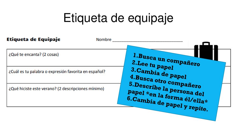 Etiqueta de equipaje Busca un compañero Lee tu papel Cambia de papel