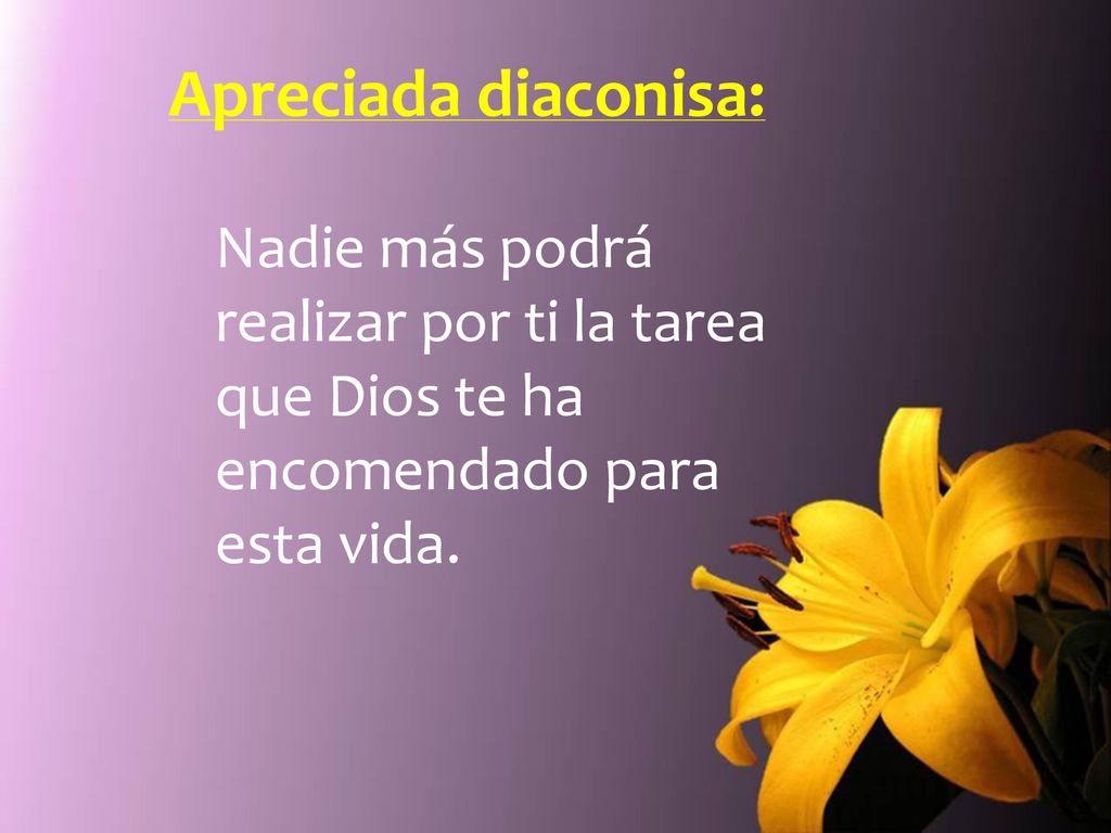 Apreciada diaconisa: Nadie más podrá realizar por ti la tarea que Dios te ha encomendado para esta vida.