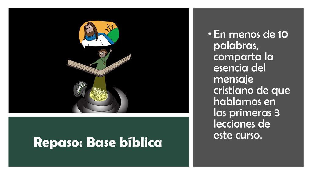 En menos de 10 palabras, comparta la esencia del mensaje cristiano de que hablamos en las primeras 3 lecciones de este curso.