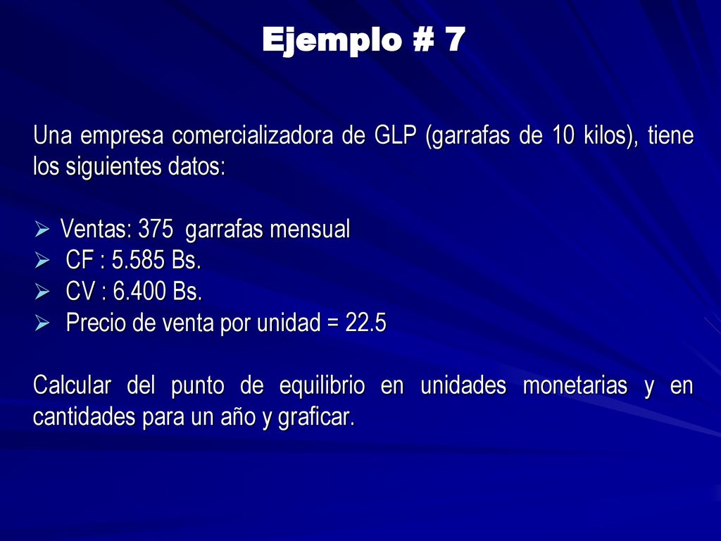 Ejemplo # 7 Una empresa comercializadora de GLP (garrafas de 10 kilos), tiene los siguientes datos: