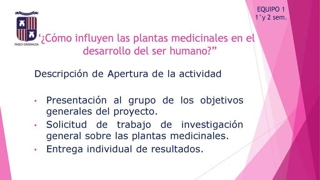 EQUIPO 1 1°y 2 sem. ¿Cómo influyen las plantas medicinales en el desarrollo del ser humano Descripción de Apertura de la actividad.