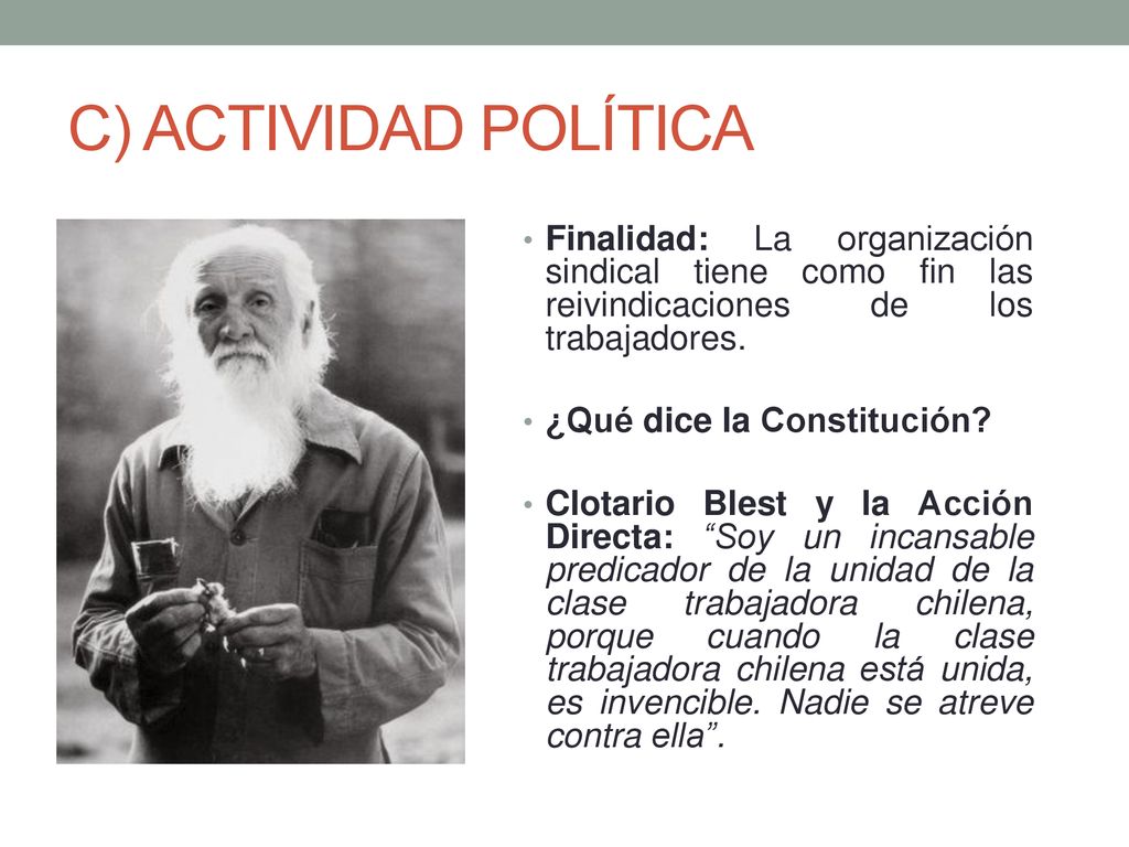 C) ACTIVIDAD POLÍTICA Finalidad: La organización sindical tiene como fin las reivindicaciones de los trabajadores.