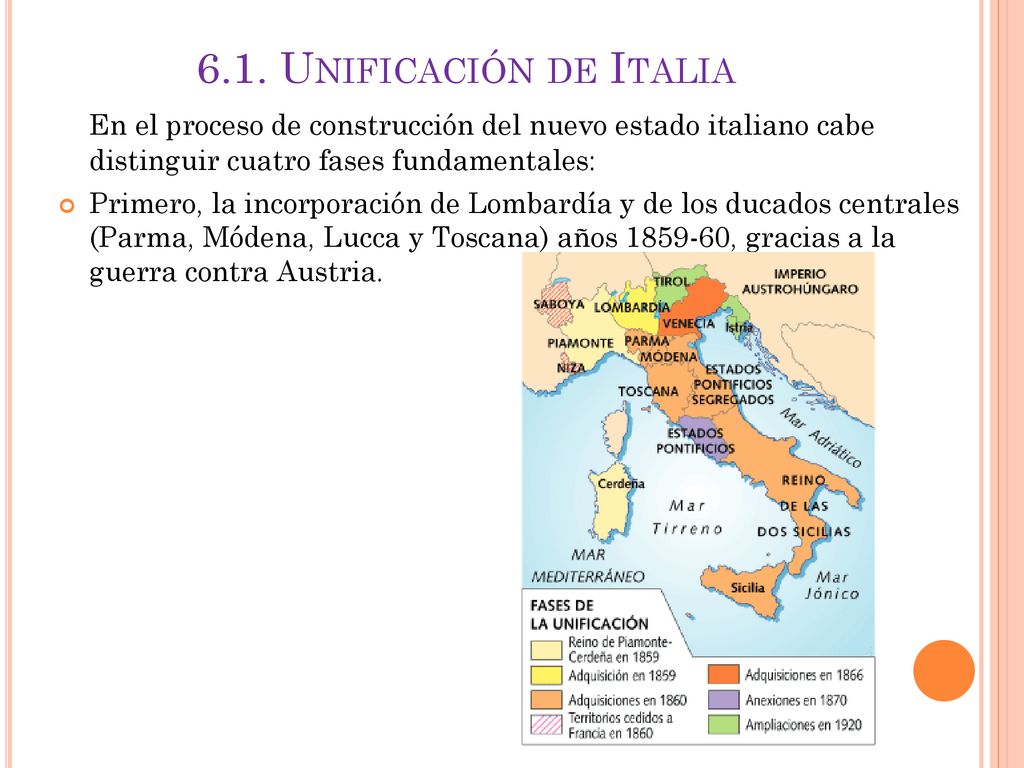 6.1. Unificación de Italia En el proceso de construcción del nuevo estado italiano cabe distinguir cuatro fases fundamentales: