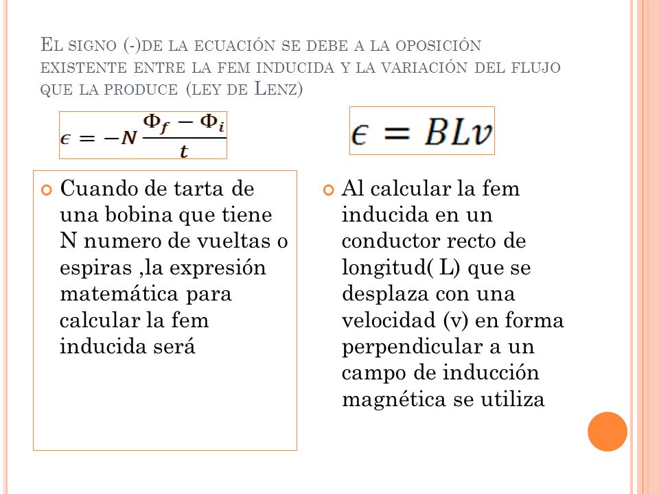 El signo (-)de la ecuación se debe a la oposición existente entre la fem inducida y la variación del flujo que la produce (ley de Lenz)