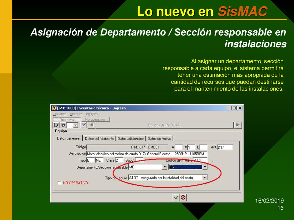 Lo nuevo en SisMAC Asignación de Departamento / Sección responsable en instalaciones.