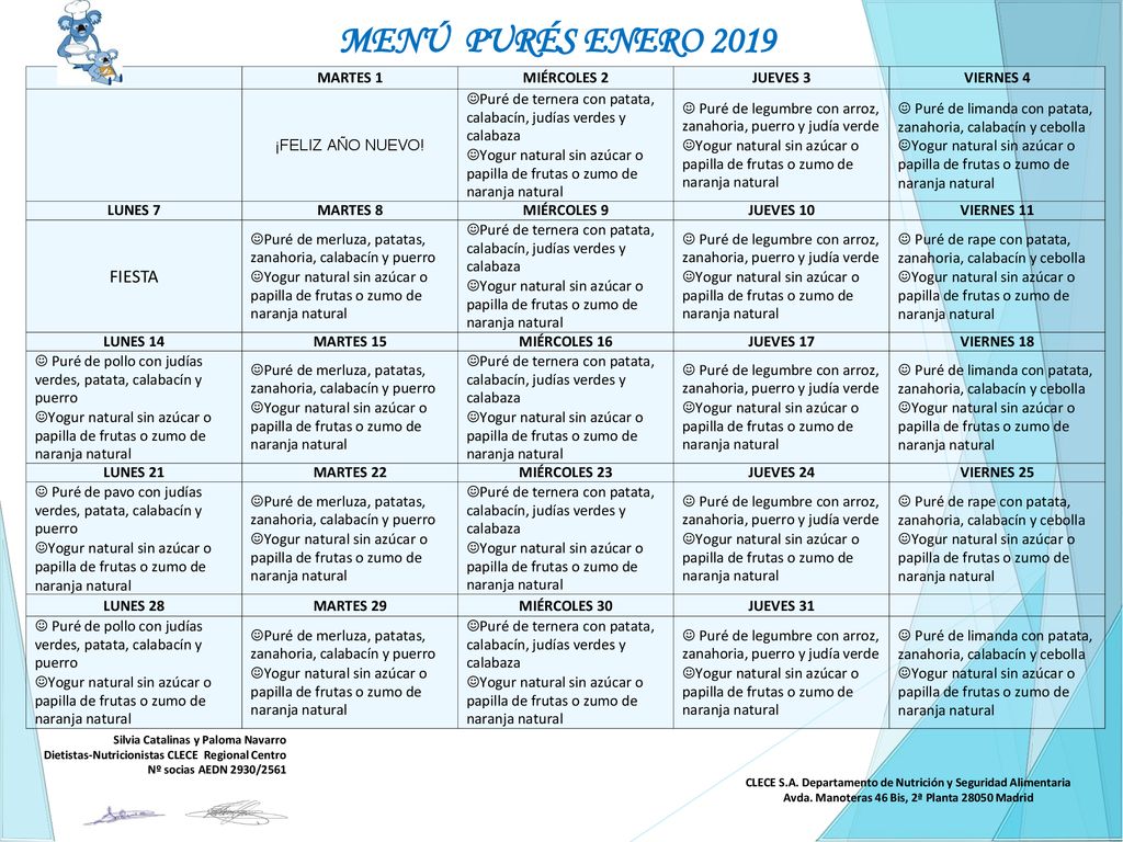 MENÚ PURÉS ENERO 2019 FIESTA MARTES 1 MIÉRCOLES 2 JUEVES 3 VIERNES 4