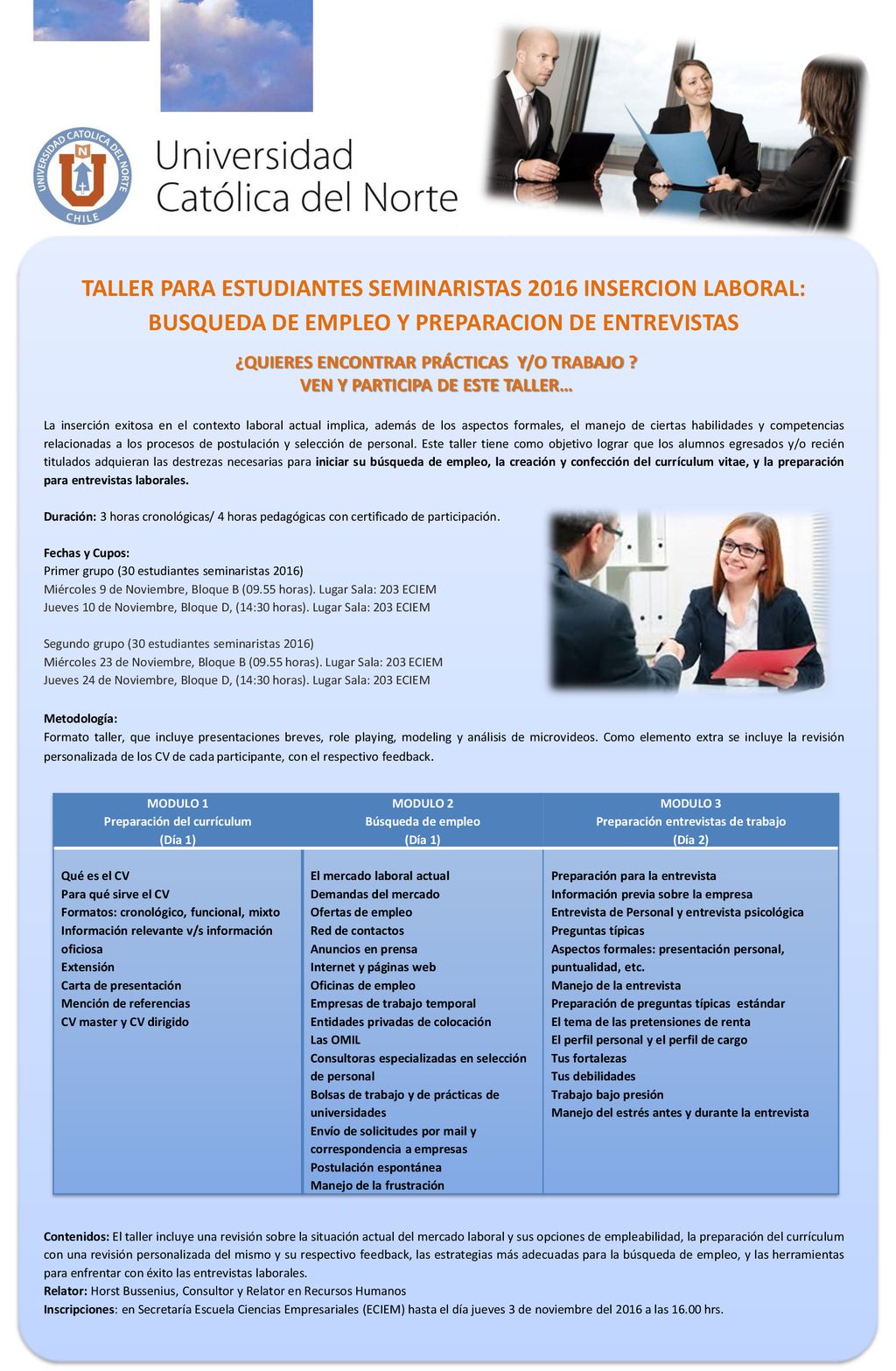 TALLER PARA ESTUDIANTES SEMINARISTAS 2016 INSERCION LABORAL: BUSQUEDA DE EMPLEO Y PREPARACION DE ENTREVISTAS