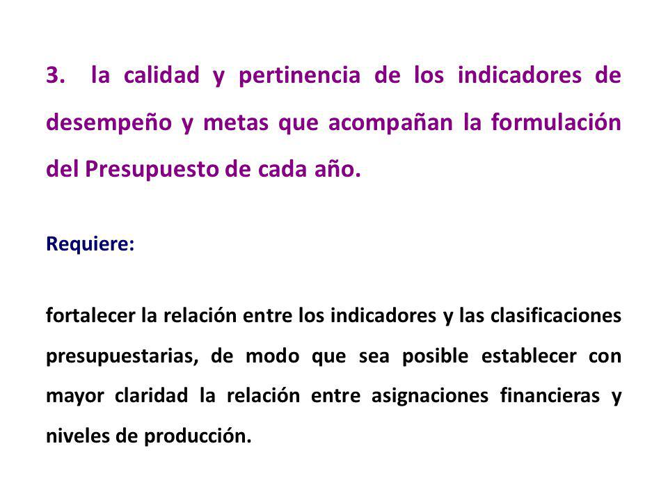 3. la calidad y pertinencia de los indicadores de desempeño y metas que acompañan la formulación del Presupuesto de cada año.