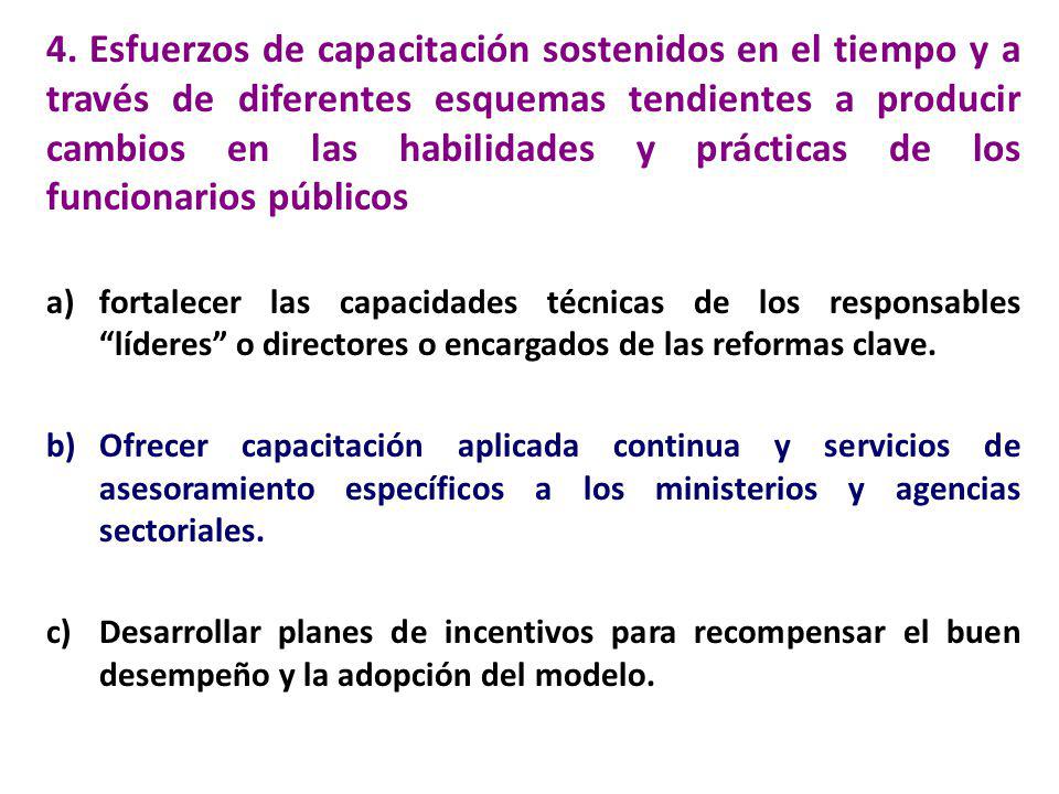 4. Esfuerzos de capacitación sostenidos en el tiempo y a través de diferentes esquemas tendientes a producir cambios en las habilidades y prácticas de los funcionarios públicos