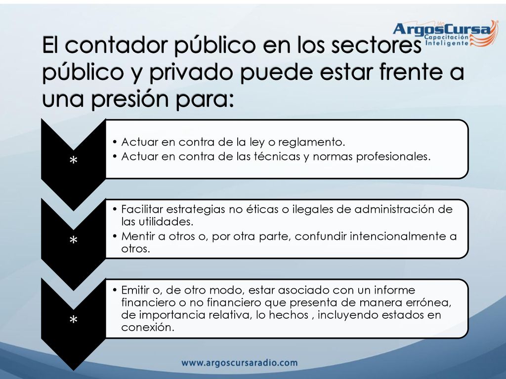 El contador público en los sectores público y privado puede estar frente a una presión para: