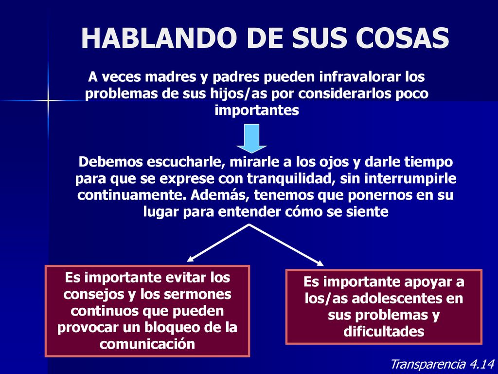 HABLANDO DE SUS COSAS A veces madres y padres pueden infravalorar los problemas de sus hijos/as por considerarlos poco importantes.
