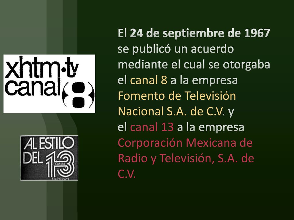 El 24 de septiembre de 1967 se publicó un acuerdo mediante el cual se otorgaba el canal 8 a la empresa Fomento de Televisión Nacional S.A.