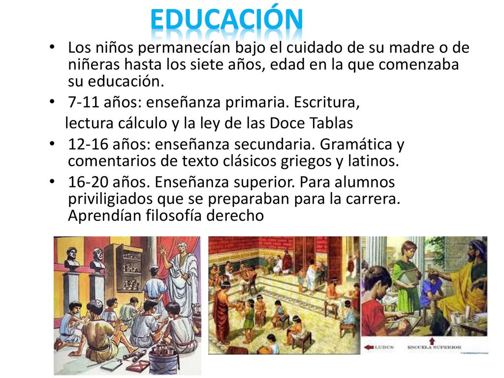 EDUCACIÓN Los niños permanecían bajo el cuidado de su madre o de niñeras hasta los siete años, edad en la que comenzaba su educación.