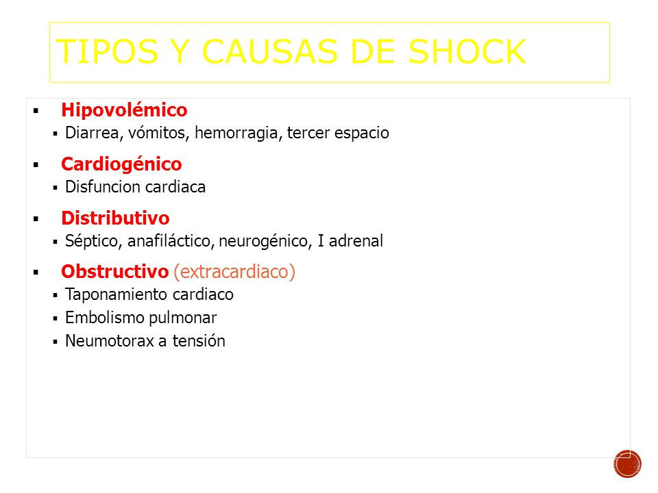 TIPOS y CAUSAS DE SHOCK Hipovolémico Cardiogénico Distributivo
