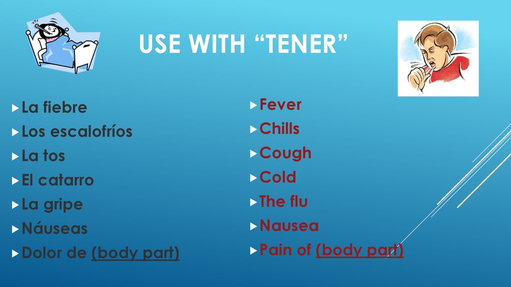 Use with Tener Fever La fiebre Chills Los escalofríos Cough La tos