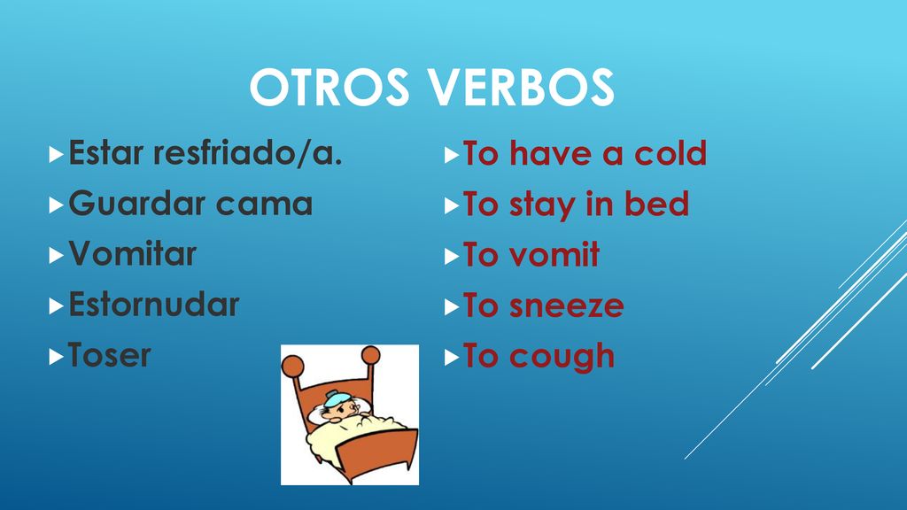 Otros verbos To have a cold To stay in bed Estar resfriado/a.