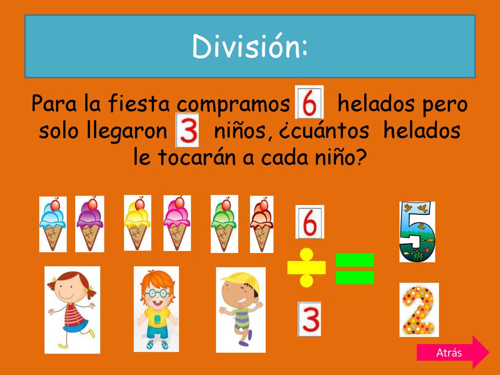 División: Para la fiesta compramos helados pero solo llegaron niños, ¿cuántos helados le tocarán a cada niño