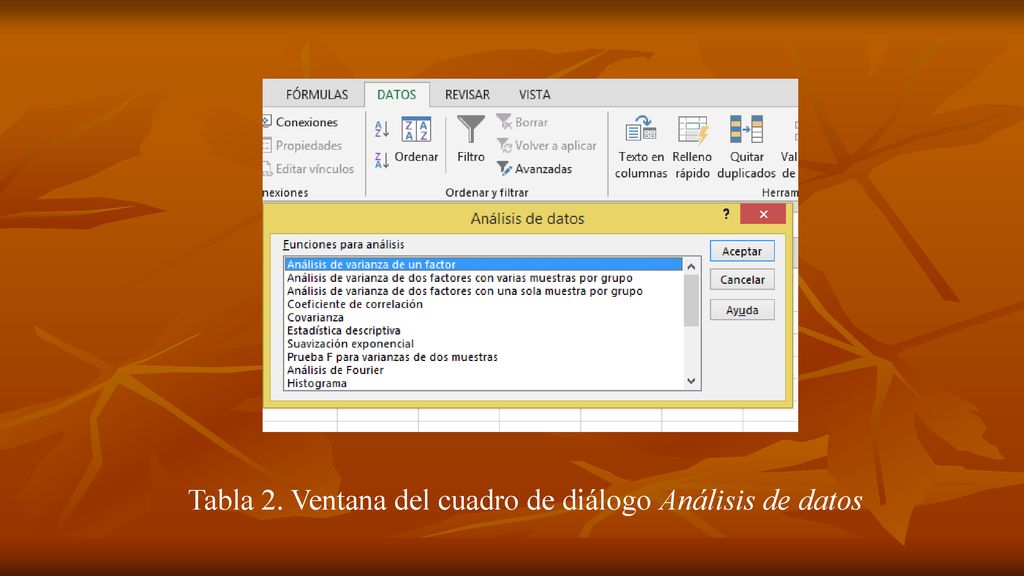 Tabla 2. Ventana del cuadro de diálogo Análisis de datos