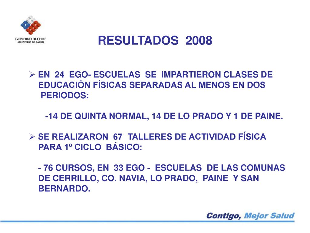RESULTADOS 2008 EN 24 EGO- ESCUELAS SE IMPARTIERON CLASES DE