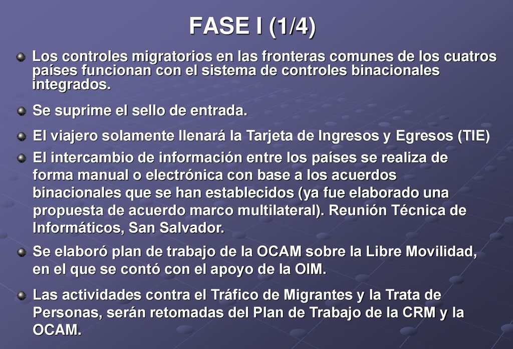FASE I (1/4) Los controles migratorios en las fronteras comunes de los cuatros países funcionan con el sistema de controles binacionales integrados.