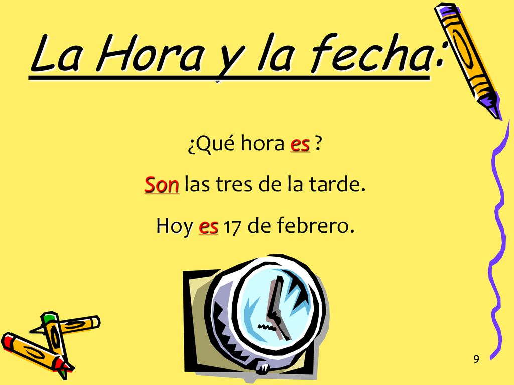 La Hora y la fecha: ¿Qué hora es Son las tres de la tarde.