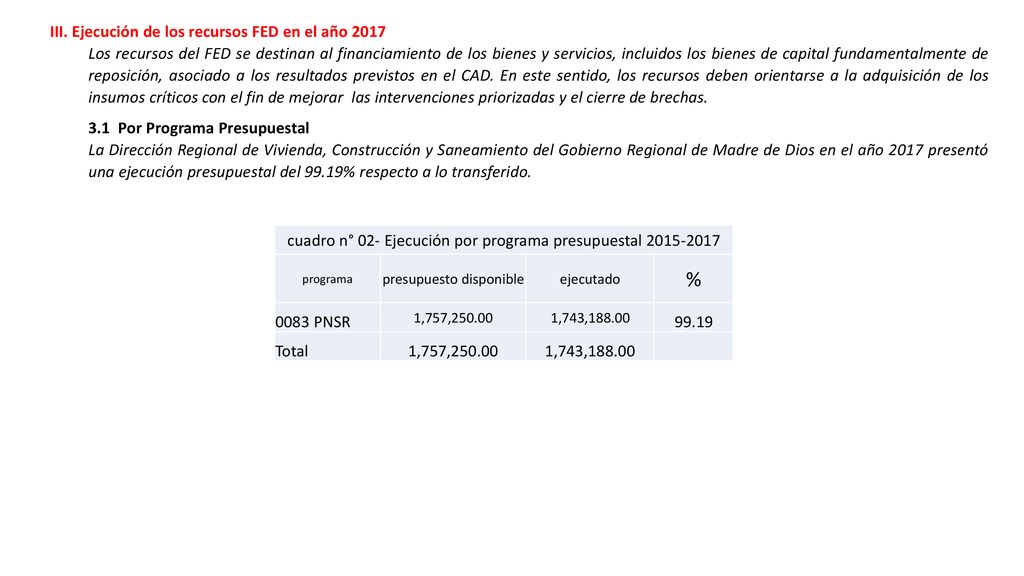 % III. Ejecución de los recursos FED en el año 2017