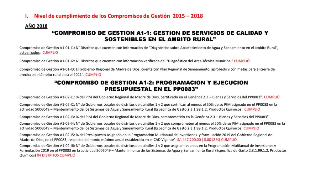 Nivel de cumplimiento de los Compromisos de Gestión 2015 – 2018
