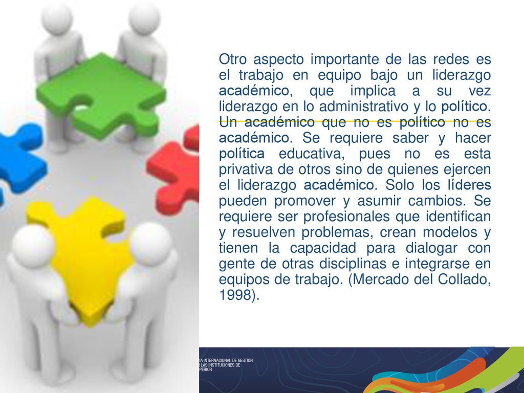 Otro aspecto importante de las redes es el trabajo en equipo bajo un liderazgo académico, que implica a su vez liderazgo en lo administrativo y lo político.