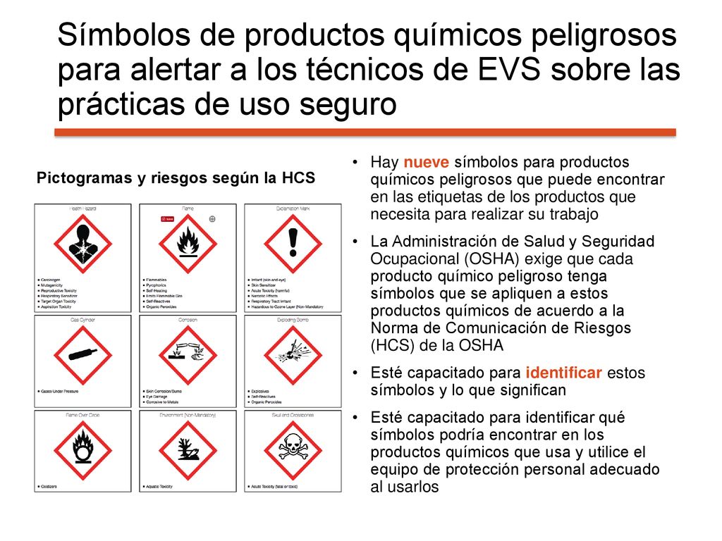 Símbolos de productos químicos peligrosos para alertar a los técnicos de EVS sobre las prácticas de uso seguro