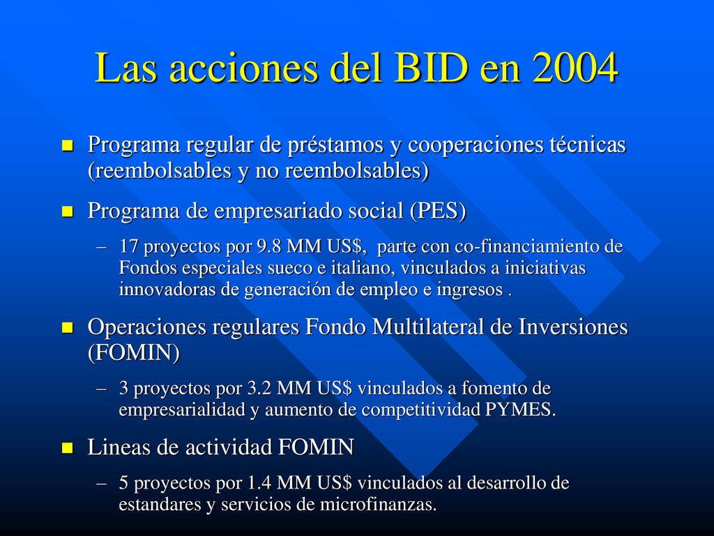 Las acciones del BID en 2004 Programa regular de préstamos y cooperaciones técnicas (reembolsables y no reembolsables)