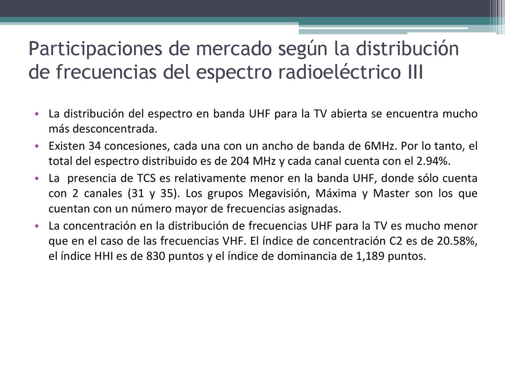 Participaciones de mercado según la distribución de frecuencias del espectro radioeléctrico III