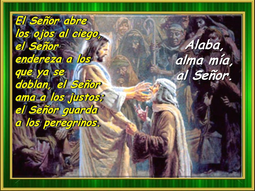 El Señor abre los ojos al ciego, el Señor endereza a los que ya se doblan, el Señor ama a los justos; el Señor guarda a los peregrinos.