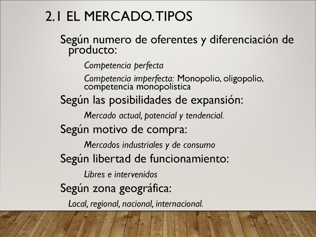 2.1 El mercado. Tipos Según numero de oferentes y diferenciación de producto: Competencia perfecta.
