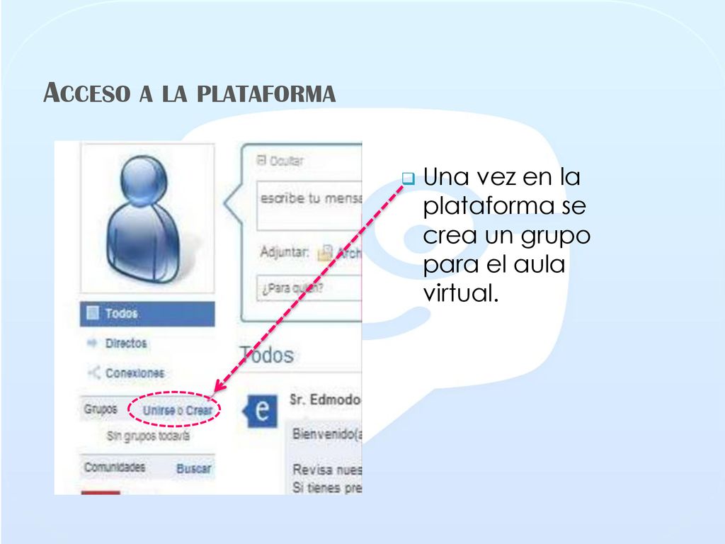 Acceso a la plataforma Una vez en la plataforma se crea un grupo para el aula virtual.