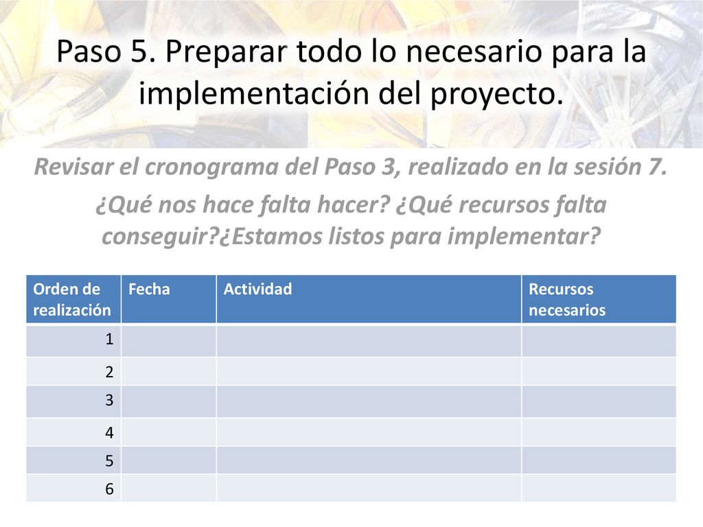 Revisar el cronograma del Paso 3, realizado en la sesión 7.