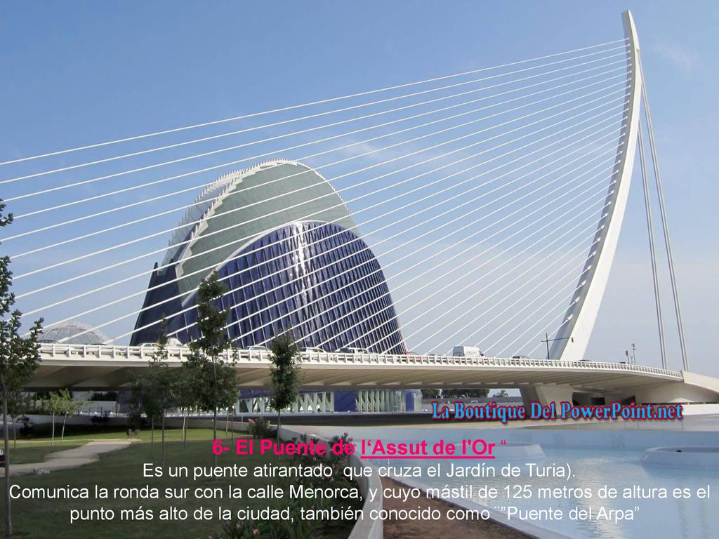 6- El Puente de l‘Assut de l Or Es un puente atirantado que cruza el Jardín de Turia).