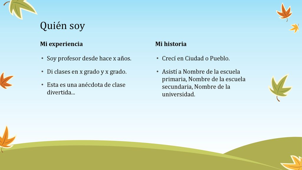 Quién soy Mi experiencia Mi historia Soy profesor desde hace x años.