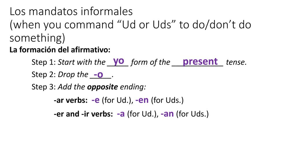 Los mandatos informales (when you command Ud or Uds to do/don’t do something)