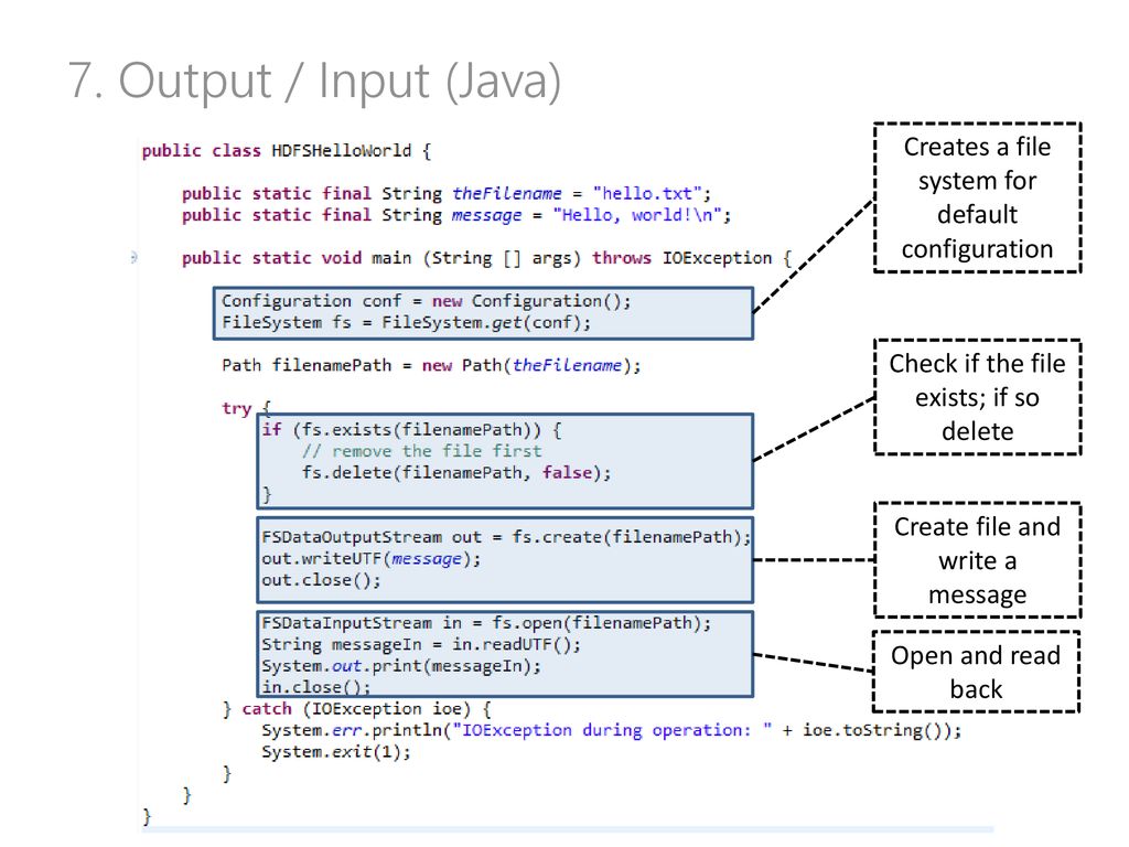 7. Output / Input (Java) Creates a file system for default configuration. Check if the file exists; if so delete.