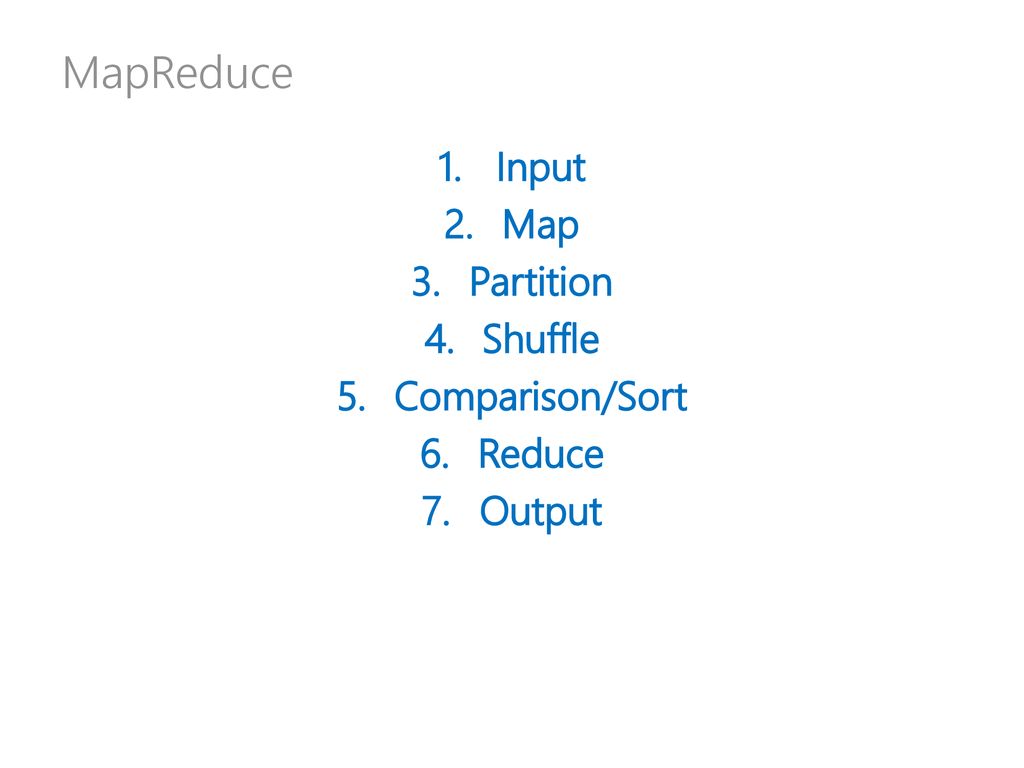 MapReduce Input Map Partition Shuffle Comparison/Sort Reduce Output