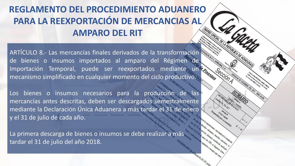 REGLAMENTO DEL PROCEDIMIENTO ADUANERO PARA LA REEXPORTACIÓN DE MERCANCIAS AL AMPARO DEL RIT