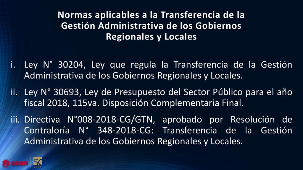 Normas aplicables a la Transferencia de la Gestión Administrativa de los Gobiernos Regionales y Locales