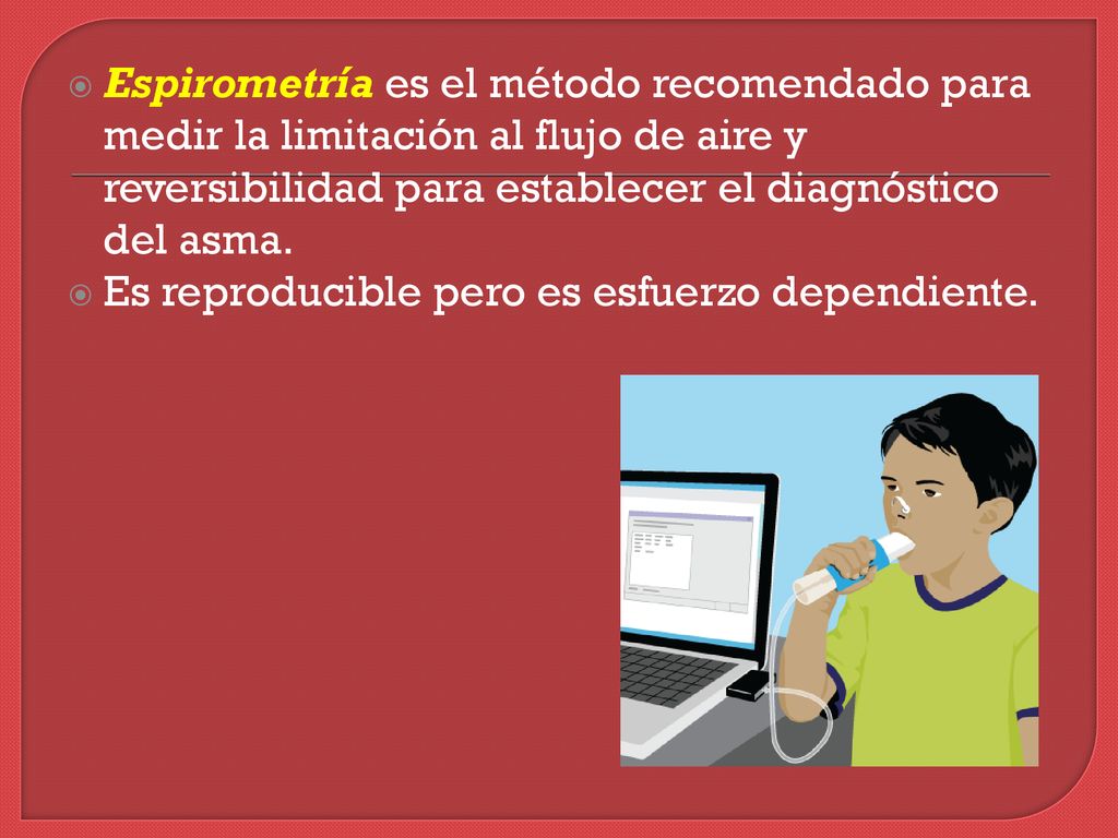 Espirometría es el método recomendado para medir la limitación al flujo de aire y reversibilidad para establecer el diagnóstico del asma.