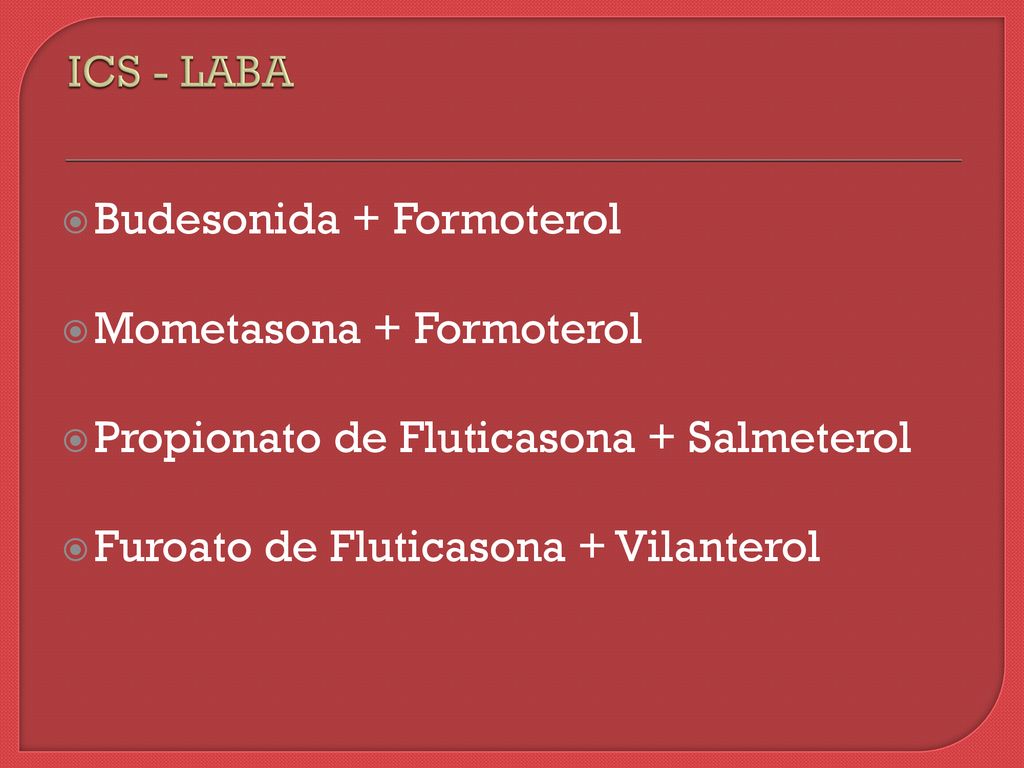 ICS - LABA Budesonida + Formoterol. Mometasona + Formoterol. Propionato de Fluticasona + Salmeterol.