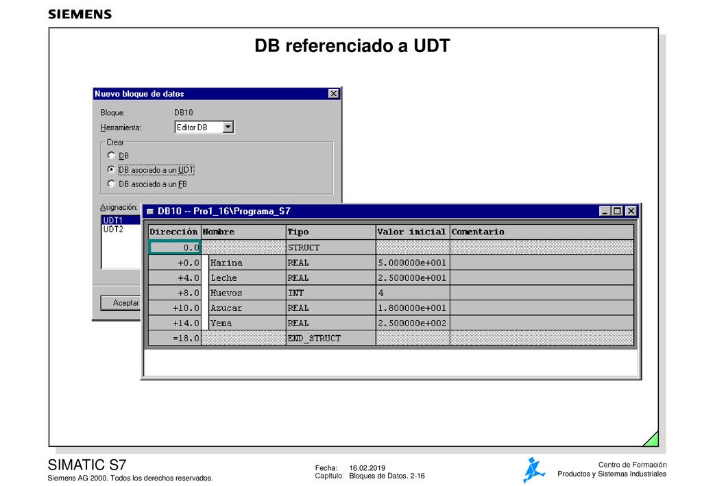 DB referenciado a UDT Crear un DB Cuando se define un tipo de dato y se guarda como bloque UDT, se pueden crear varios DBs con la misma estructura.