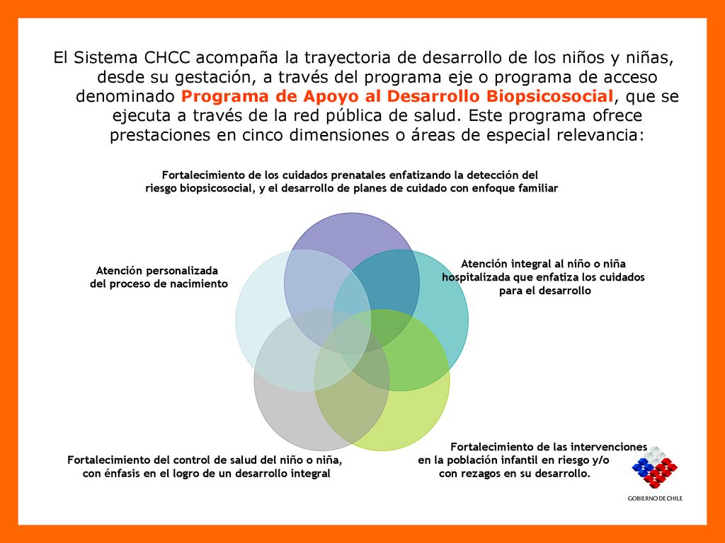 El Sistema CHCC acompaña la trayectoria de desarrollo de los niños y niñas, desde su gestación, a través del programa eje o programa de acceso denominado Programa de Apoyo al Desarrollo Biopsicosocial, que se ejecuta a través de la red pública de salud.