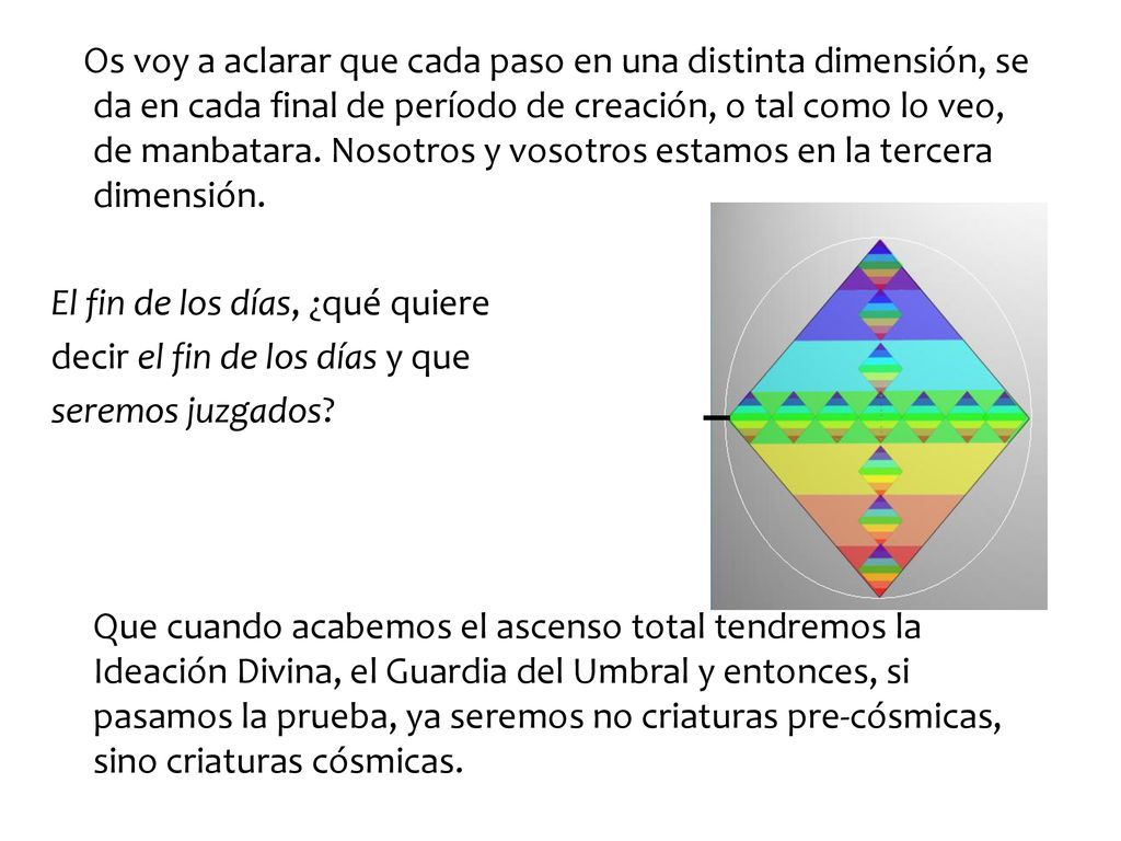 Os voy a aclarar que cada paso en una distinta dimensión, se da en cada final de período de creación, o tal como lo veo, de manbatara. Nosotros y vosotros estamos en la tercera dimensión.