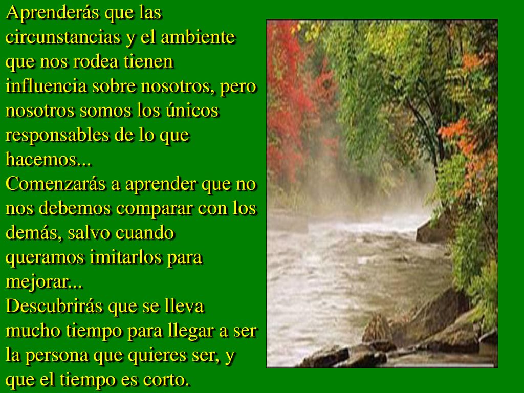 Aprenderás que las circunstancias y el ambiente que nos rodea tienen influencia sobre nosotros, pero nosotros somos los únicos responsables de lo que hacemos...