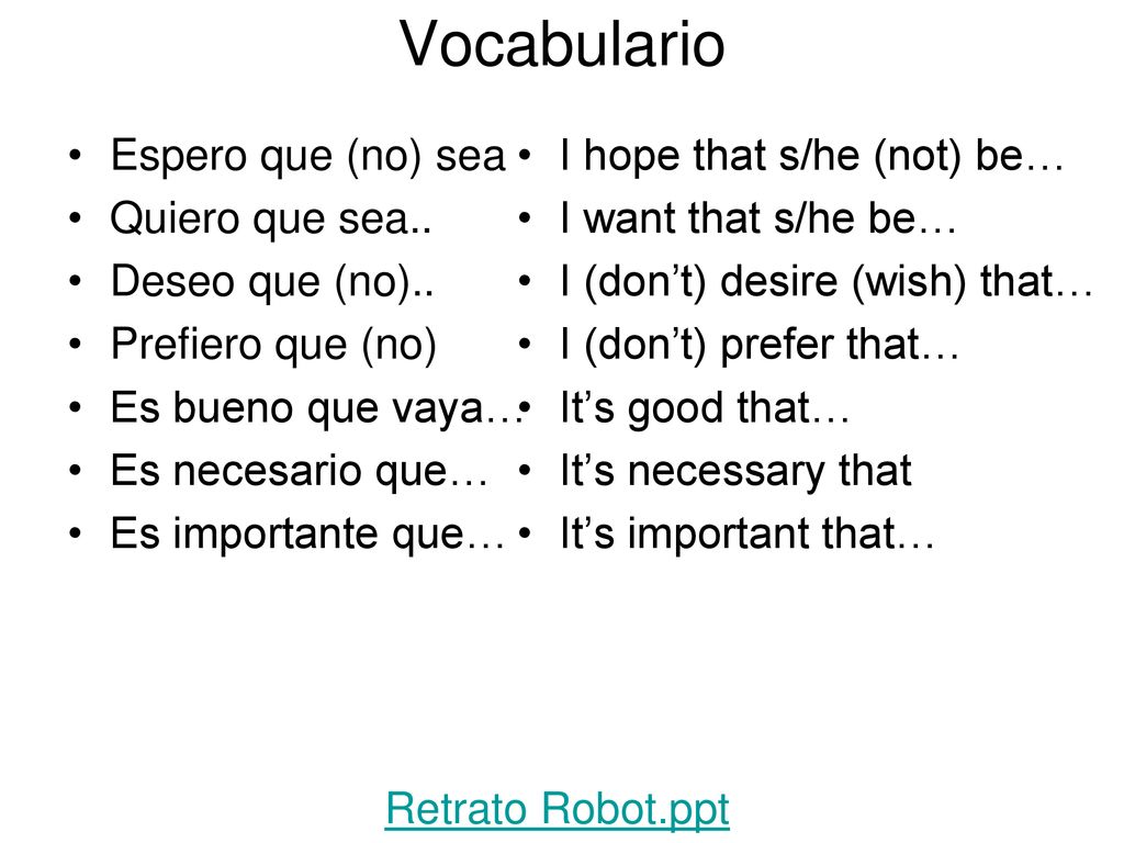 Vocabulario Espero que (no) sea Quiero que sea.. Deseo que (no)..