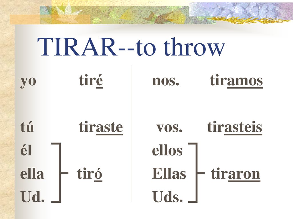 TIRAR--to throw yo tiré tú tiraste él ella tiró Ud. nos. tiramos